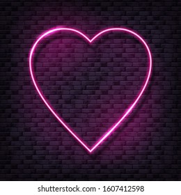 Vector love illustration with purple brick wall and bright pink neon heart shaped lamp. Glowing night light bulb background for Valentine’s day 