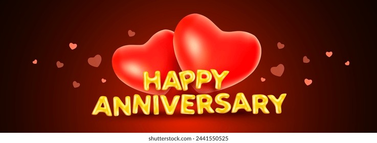 Vector love illustration of red color heart with golden letter. 3d style holiday romantic design of heart and text happy anniversary on color background for web, site, banner, greeting card