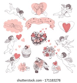 Vector Love illustration set with bouquet, muffin, hands, heart, angel, dove, chocolates, cakes, wine glass and biscuits.