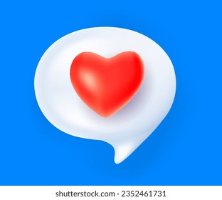 Vector love illustration of speech bubble with red color heart on blue background. 3d style design of speech bubble with heart for web, site, banner, poster