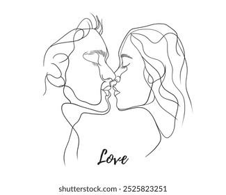 Vector love kissing couple logo brand design line art illustration, graphic outline. Man and woman kissing. Saint Valentines day. Couple logo. Great for any designs, textile, art, walls, package