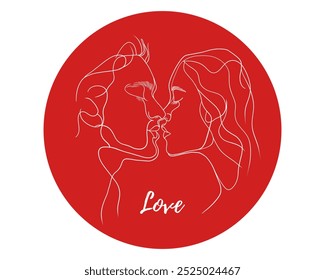 Vector love kissing couple in a red circle logo brand design line art illustration, graphic outline. Man and woman kissing. Saint Valentines day. Couple logo. Great for any designs, textile, art