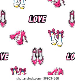 Vector love label, bride shoes, flat shoes, pink nude heels seamless pattern. Fashion illustration, patches, stickers. Hand sketched background.