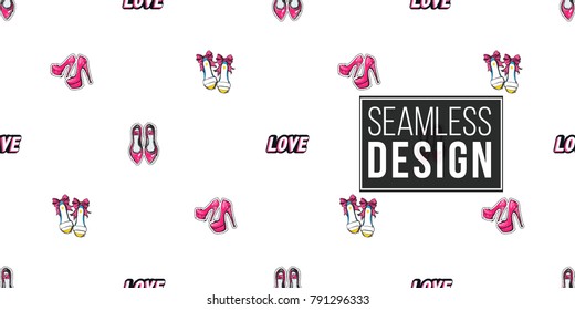 Vector love label, bride shoes, flat shoes, pink nude heels seamless pattern. Fashion illustration, patches, stickers. Hand drawn background.