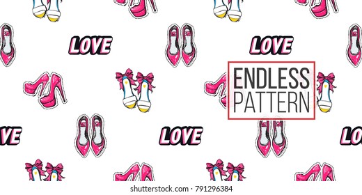 Vector love label, bride shoes, flat shoes, pink nude heels seamless pattern. Fashion illustration, patches, stickers. Hand drawn background.