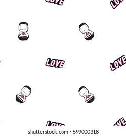 Vector love label and engagement ring box seamless pattern. Fashion illustration, patches, stickers. Hand sketched background in vogue style.