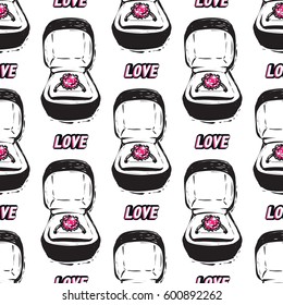 Vector love label and engagement ring box seamless pattern. Fashion illustration, patches, stickers. Hand sketched background in vogue style.