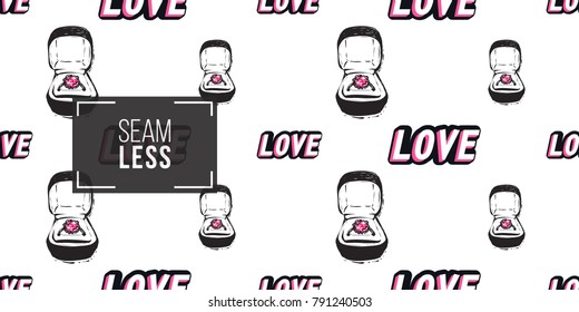 Vector love label and engagement ring box seamless pattern. Fashion illustration, patches, stickers. Hand drawn background in vogue style.
