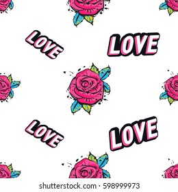 Vector love label and rose flower seamless pattern. Fashion illustration, patches, stickers. Hand sketched background in vogue style.