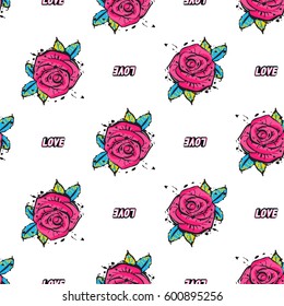 Vector love label and rose flower seamless pattern. Fashion illustration, patches, stickers. Hand sketched background in vogue style.