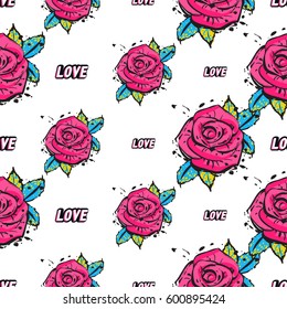 Vector love label and rose flower seamless pattern. Fashion illustration, patches, stickers. Hand sketched background in vogue style.