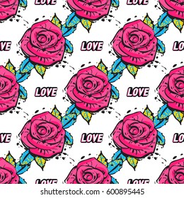 Vector love label and rose flower seamless pattern. Fashion illustration, patches, stickers. Hand sketched background in vogue style.