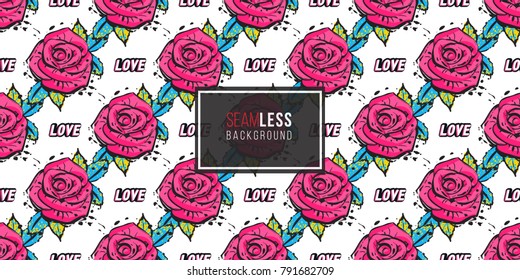 Vector love label and rose flower seamless pattern. Fashion illustration, patches, stickers. Hand drawn background in vogue style.