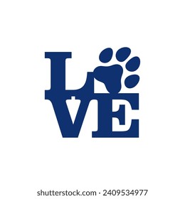 vector of Love letter with pawprint Canine Dog Logo, petpaw logotype of Animal care symbol.