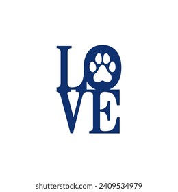 vector of Love letter with pawprint Canine Dog Logo, petpaw logotype of Animal care symbol.