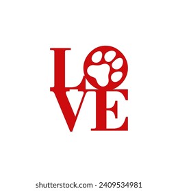 vector of Love letter with pawprint Canine Dog Logo, petpaw logotype of Animal care symbol.