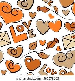 Vector love lettering seamless pattern in beige and orange colors. Doodle hearts, love text and letter. Vector illustration. Hand drawn calligraphy wallpaper on a white background.