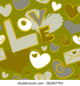 Vector love lettering seamless pattern in yellow and white colors. Doodle hearts, love text and letter. Vector illustration. Hand drawn calligraphy wallpaper.