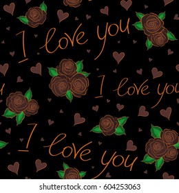 Vector love lettering seamless pattern in orange and brown colors. Vector illustration. Hand drawn calligraphy wallpaper on a black background. Doodle hearts, love text and letter.