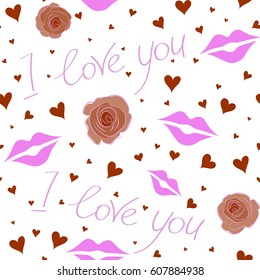 Vector love lettering seamless pattern, hand drawn calligraphy wallpaper in pink, neutral and brown colors on a white backdrop. Seamless abstract background.