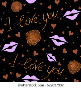Vector love lettering seamless pattern in brown and yellow colors. Hand drawn calligraphy wallpaper on a black background. Doodle hearts, love text and letter. Vector illustration.