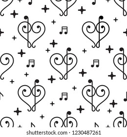 Vector Love Music Pattern with notes, stars and hearts formed by music clefs