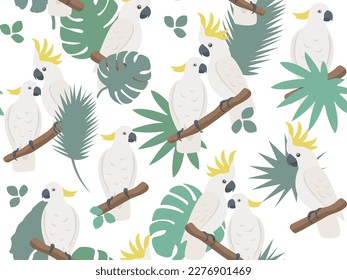 Vector love parrot seamless pattern. Cartoon cute cockatoo family with tropical leaves. Happy Valentine concept. Creative style texture for fabric, wrapping, textile, wallpaper, apparel.