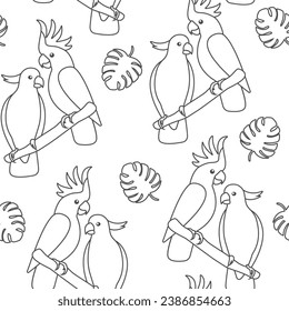 Vector love parrots seamless pattern in doodle style. Cartoon cute cockatoo family with tropical leaves. Happy Valentine concept. Creative style texture for fabric, wrapping, textile, wallpaper