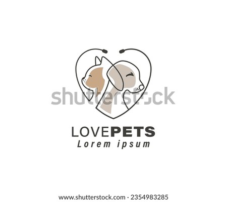 Vector Love Pet Shop logo design template. Modern animal icon label for store, veterinary clinic, hospital, shelter, business services. Flat illustration
