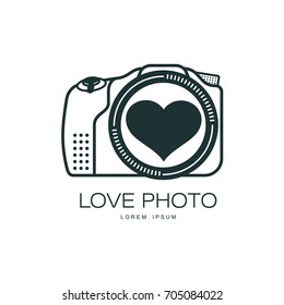 Vector love photo camera icon. Flat cartoon isolated illustration on a white background. Logo brand concept for photo studio