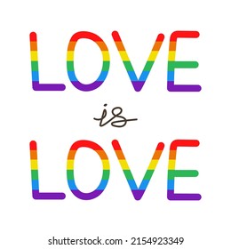 Vector love is love phrase. LGBT text. Lettering in rainbow colors.