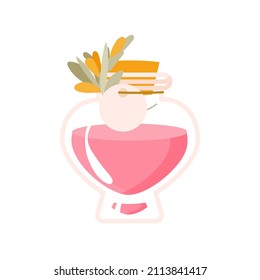 Vector love pink potion bottle with label and green branch. Romantic flat illustration for print on t-shirt, postcard and poster for valentines day. holiday, party