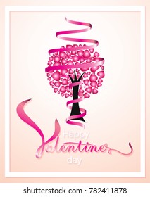 Vector, Love pink tree with hearts shape leaves isolated on light pink background. Happy Valentine's day words in pink. Love iconic. Idea for arts, card, gift, decoration, wallpaper, and background.