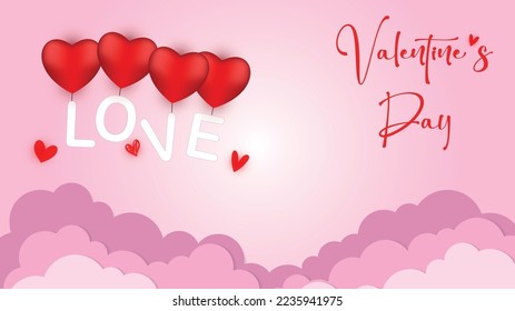 Vector love postcard for Valentine's Day with with a word love suspended on the hearts, paper clouds and pink background