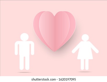Vector of love postcard.Happy Valentines day card.illustration postcard pink paper hearts with icon man and woman.