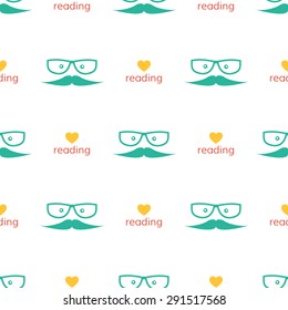 Vector love reading seamless pattern with heart and book in modern flat design. Hipster education and literature concept and background.