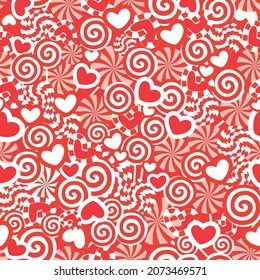 Vector Love Red Candy and Lollipops overall seamless pattern background. Perfect for fabric, scrapbooking, wallpaper projects