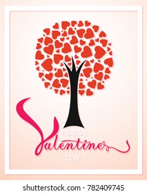 Vector, Love red tree with leaves in heart shape isolated on light pink background. Happy Valentine's day greeting card.