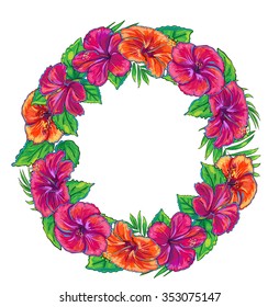 Vector Love round frame with red hibiscus and rose flowers on white background in bright colors. Tropical palm leaves poster