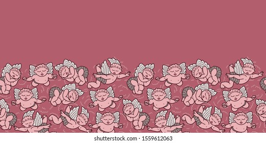 Vector love seamless border in pink. Simple doodle little angel hand drawn made into repeat. Great for invitations, decor, packaging, ribbon, greeting cards, stationary, valentines day.
