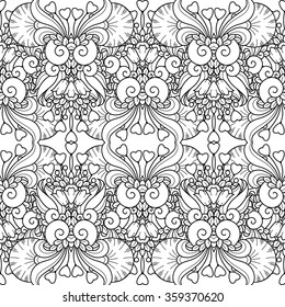 Vector love seamless pattern background in doodle style. Hearts, flowers, ornate elements. Floral, ornate, decorative, tribal design elements. Black and white background. Zentangle coloring book page