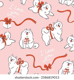 Vector love seamless pattern. White dogs, preppy red bows and lettering I love you on light pink background. Love animal seamless pattern in hand-drawn style for valentines day.