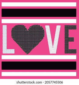 vector love in sequins, black and white horizontal stripes and pink background