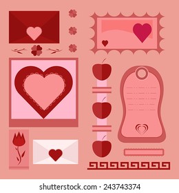 Vector Love set in red colors. Collection of hearts, envelope, label, stamps for stickers