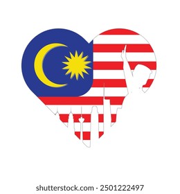 A vector of Love shape with Malaysia flag, sky scrapper and man raise up hand. Independence celebration symbol.