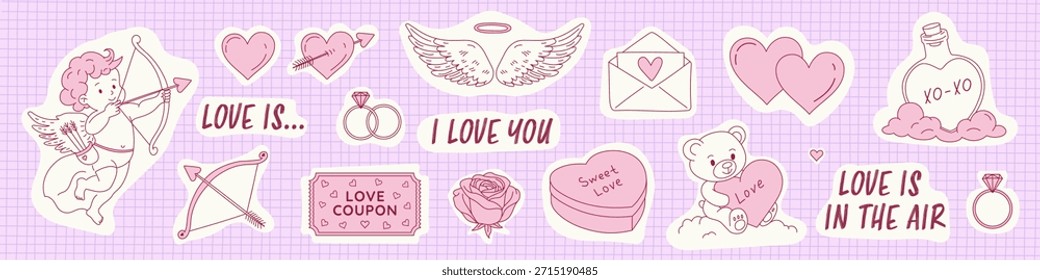 Adesivos de amor de vetor definidos para o Dia dos Namorados, um conceito de impressão criativo com ícones de rabiscos desenhados à mão. Elementos de design romântico feriado retro, cupido bonito, coração, asas, anéis, brinquedo de urso e rosa. Rosa e vermelho design criativo para web, gráfico, saudação digital, romântico, brincalhão.