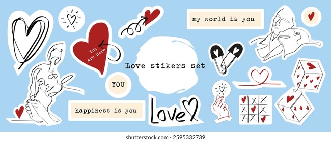 Vector love stikers set. Valentine's Day elements set. Different romantic objects. Romantic illustration in one line art style on blue background
