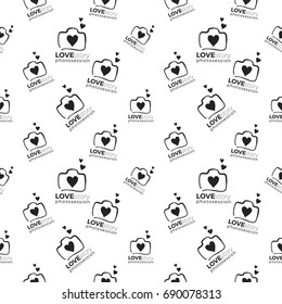 Vector love story photo session logo seamless pattern. Photography and photo studio hand drawn design elements, signs, logos, identity, labels, badges, branding objects for business. White background.