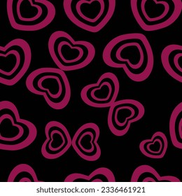 Símbolo de amor vectorial - Patrón sin costura de doble corazón, corazón como mariposa. Corazón de doble contorno rosado sobre fondo negro.