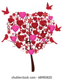 vector love tree with birds, hearts and flowers